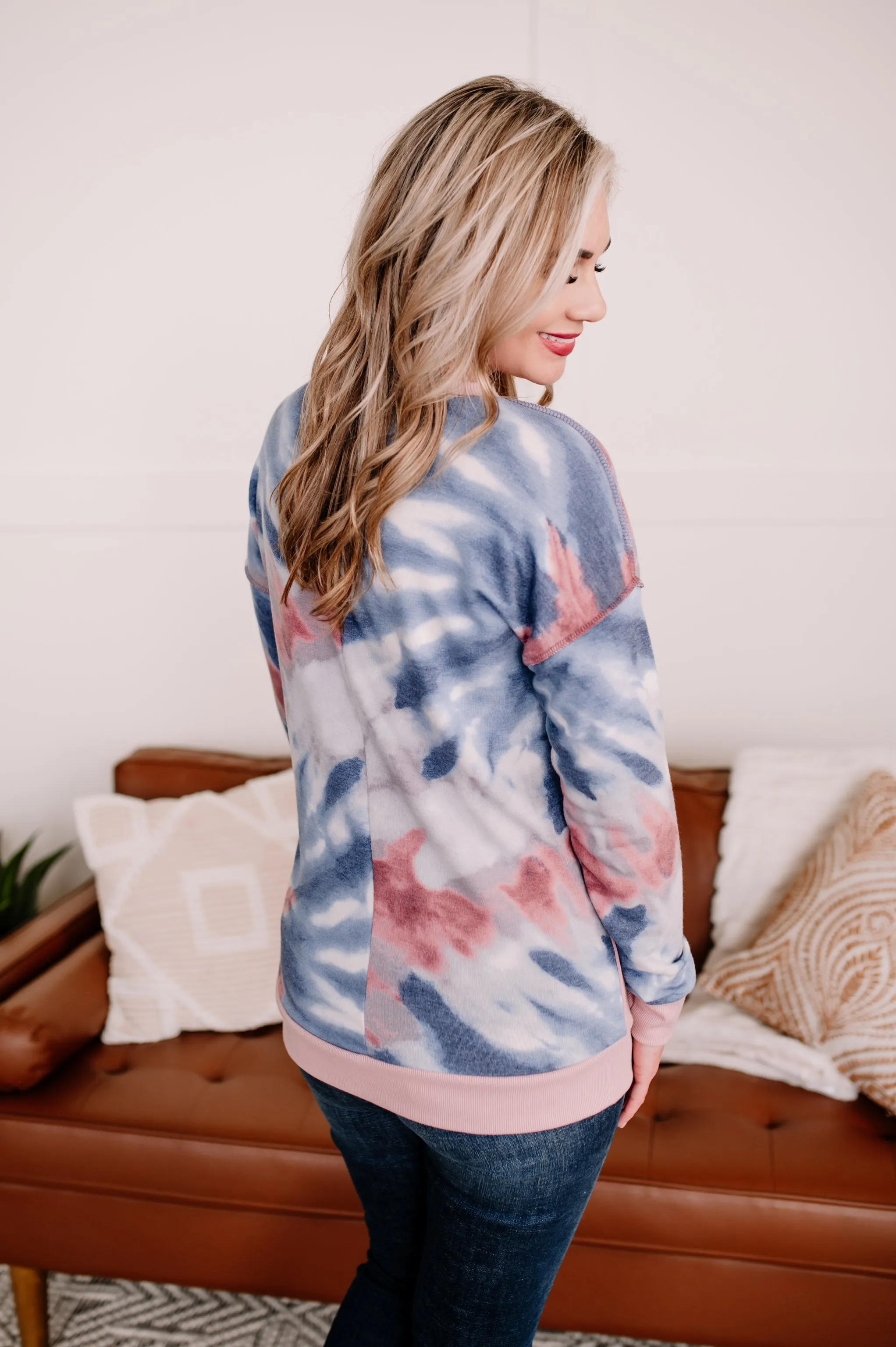 All Over The Road Tie Dye Top In Denim/Mauve