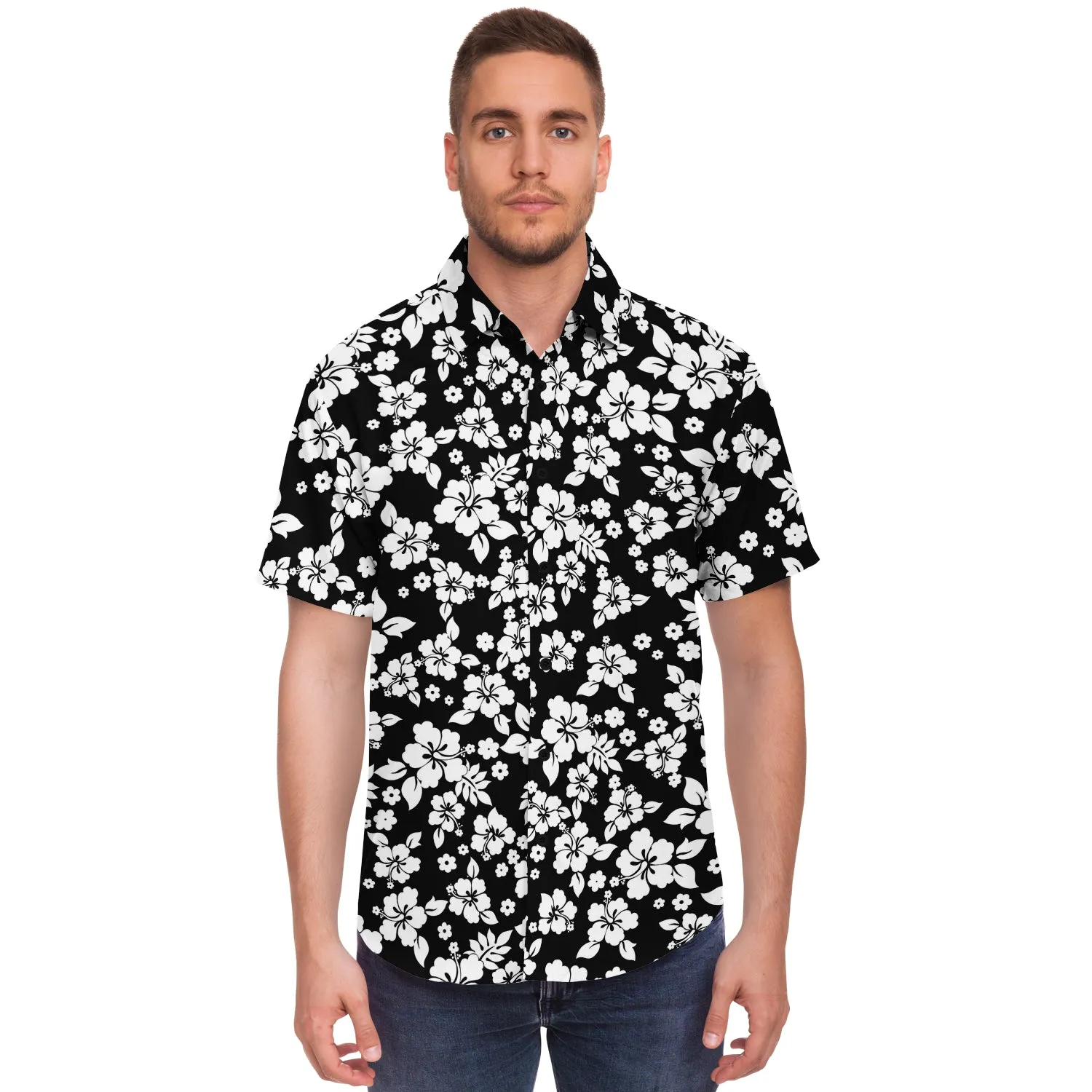Black and White Hibiscus Hawaiian Flower Pattern Button Down Shirt