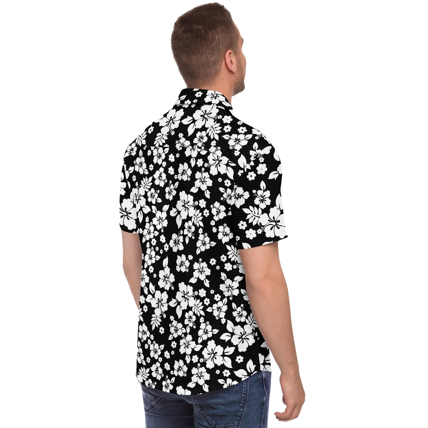 Black and White Hibiscus Hawaiian Flower Pattern Button Down Shirt