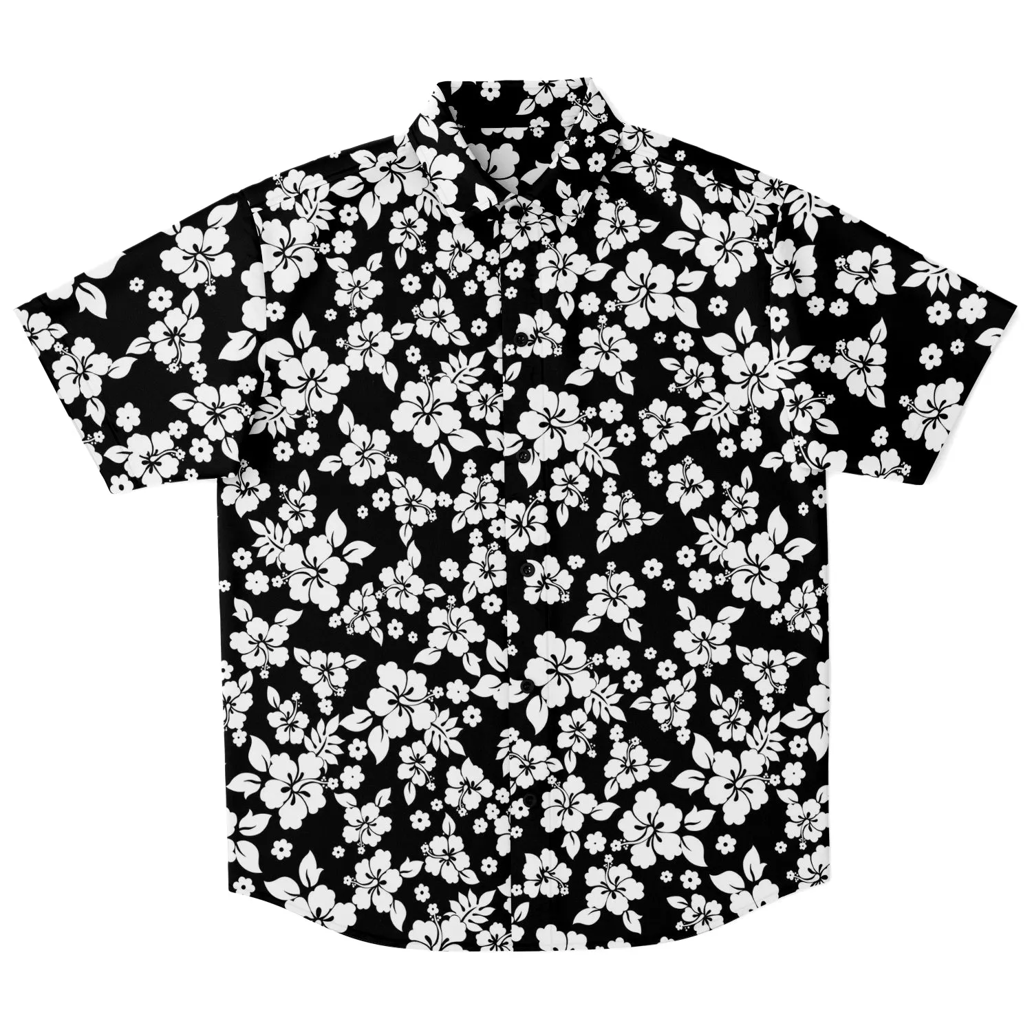 Black and White Hibiscus Hawaiian Flower Pattern Button Down Shirt