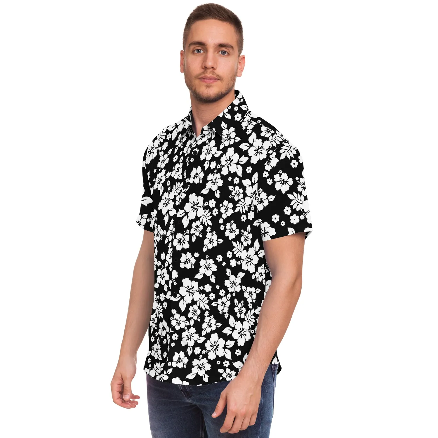 Black and White Hibiscus Hawaiian Flower Pattern Button Down Shirt