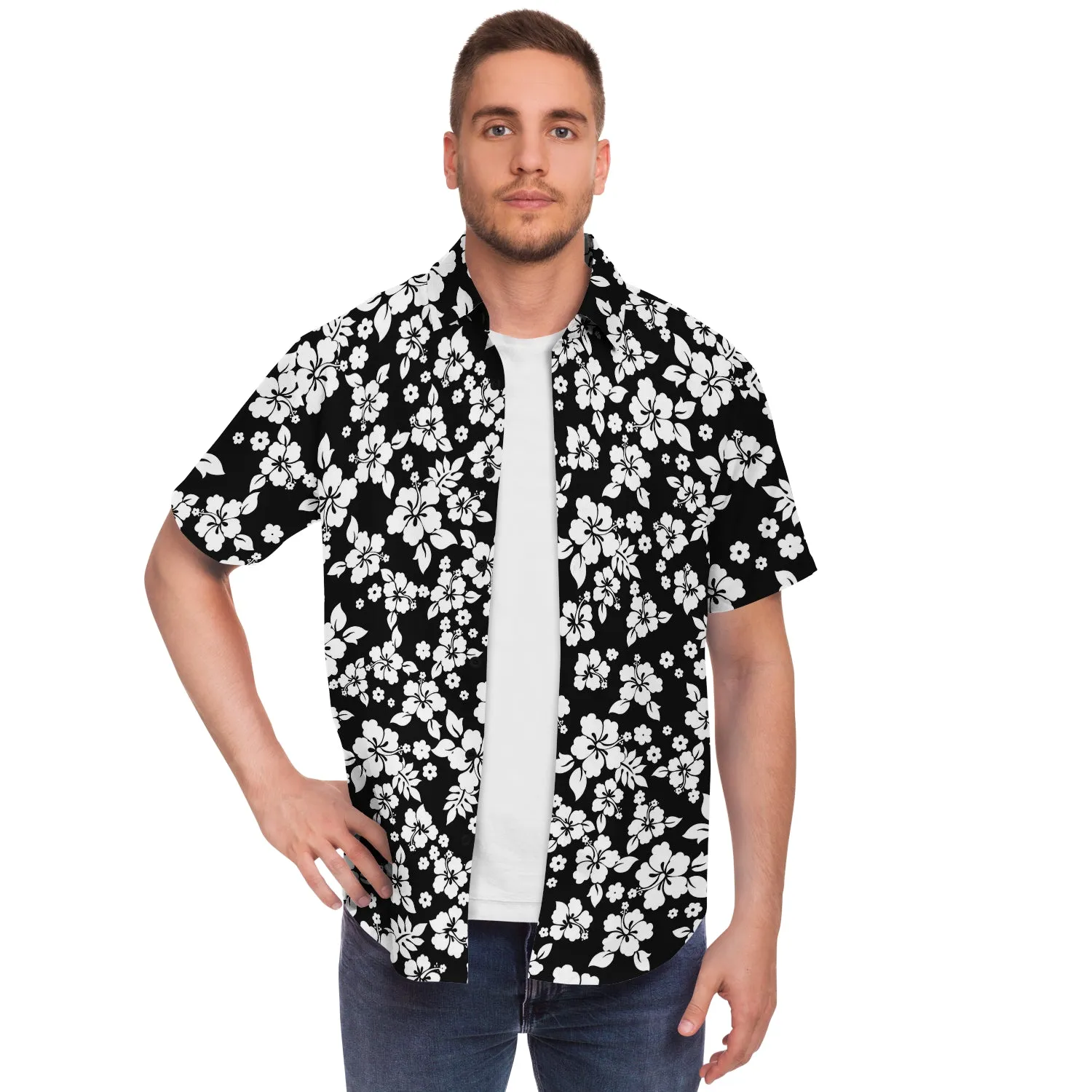 Black and White Hibiscus Hawaiian Flower Pattern Button Down Shirt
