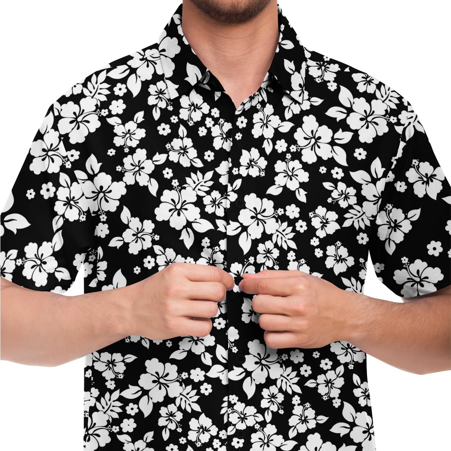 Black and White Hibiscus Hawaiian Flower Pattern Button Down Shirt