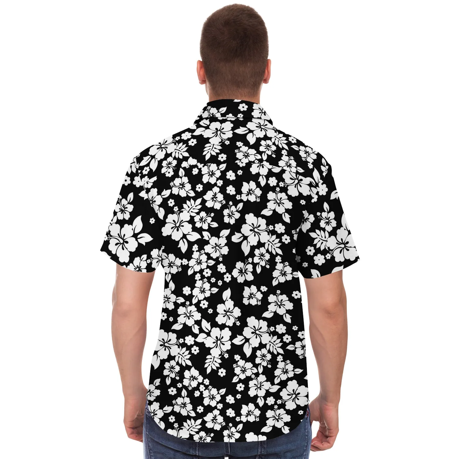 Black and White Hibiscus Hawaiian Flower Pattern Button Down Shirt