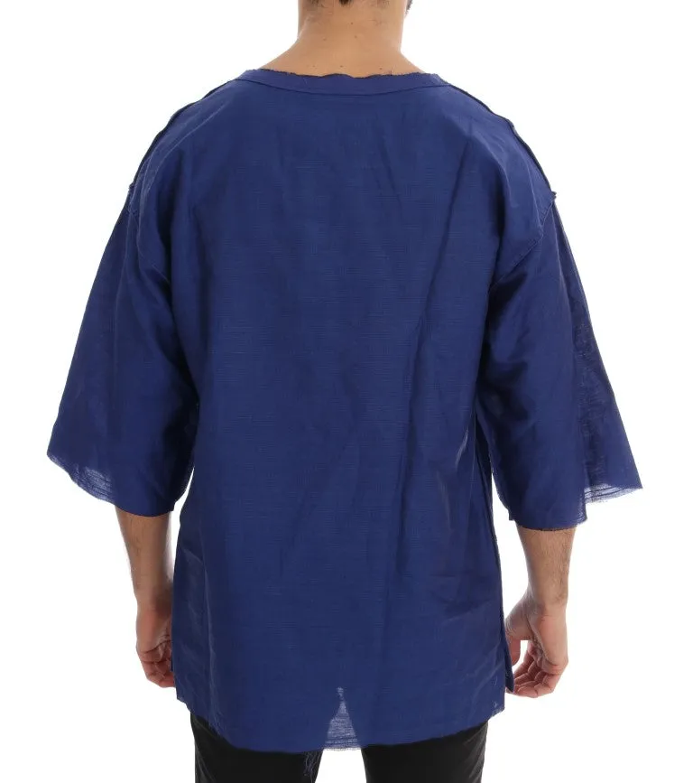 Blue Linen Cotton Oversize Crewneck T-Shirt