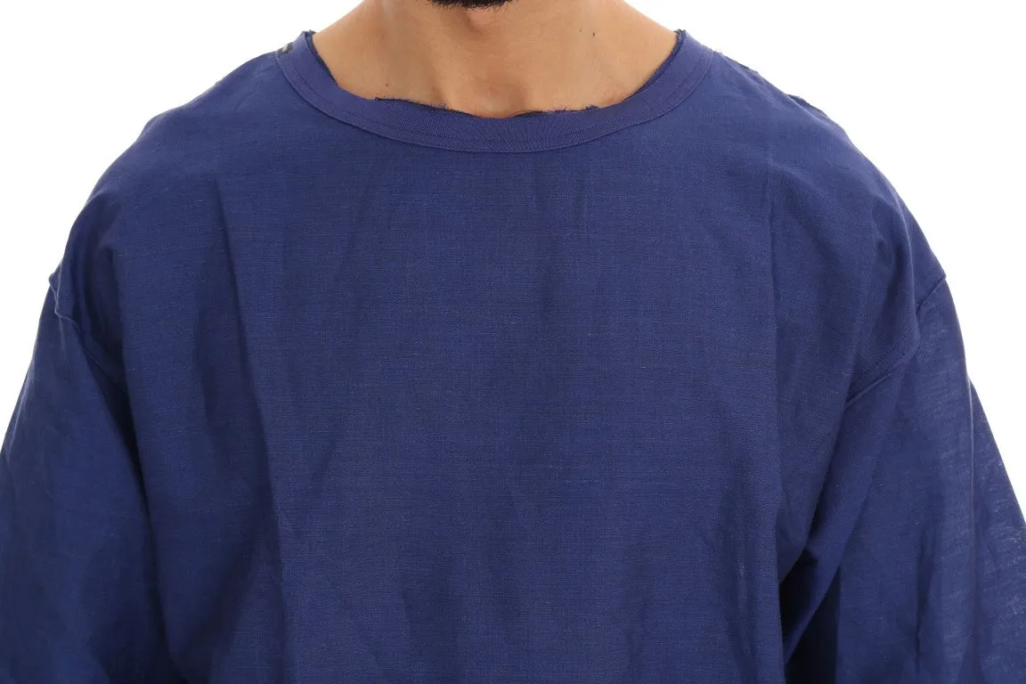Blue Linen Cotton Oversize Crewneck T-Shirt