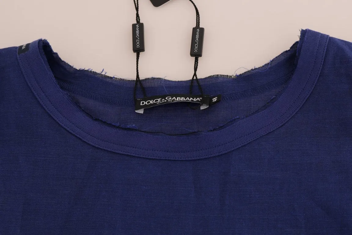 Blue Linen Cotton Oversize Crewneck T-Shirt