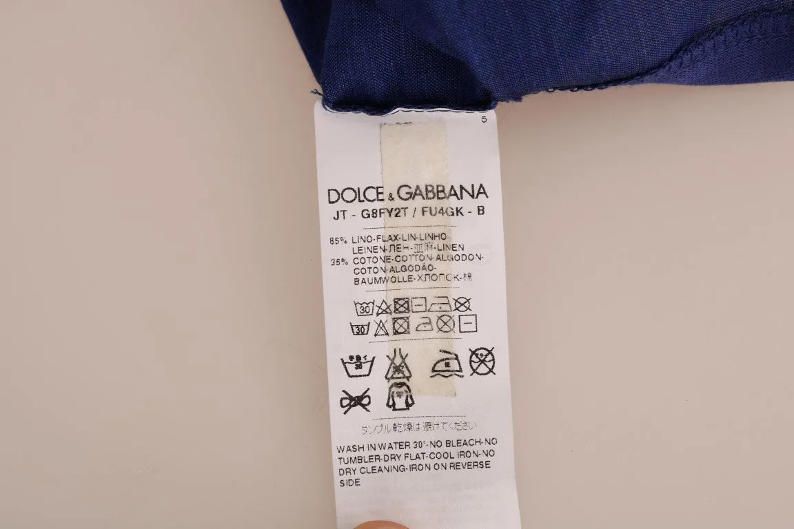 Blue Linen Cotton Oversize Crewneck T-Shirt