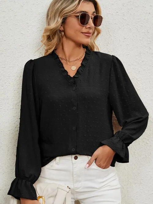 Button Up Flounce Sleeve V-Neck Shirt (5 Colors)
