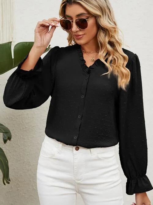 Button Up Flounce Sleeve V-Neck Shirt (5 Colors)