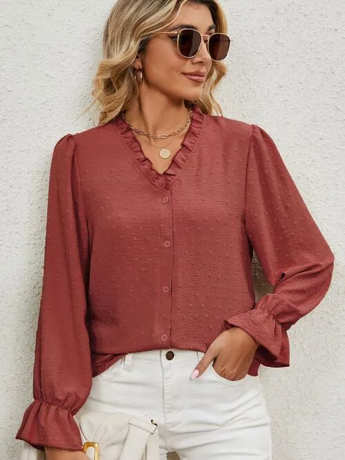 Button Up Flounce Sleeve V-Neck Shirt (5 Colors)