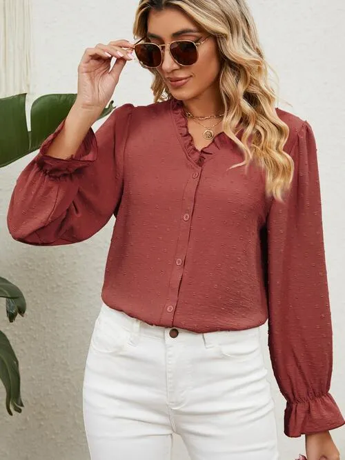 Button Up Flounce Sleeve V-Neck Shirt (5 Colors)