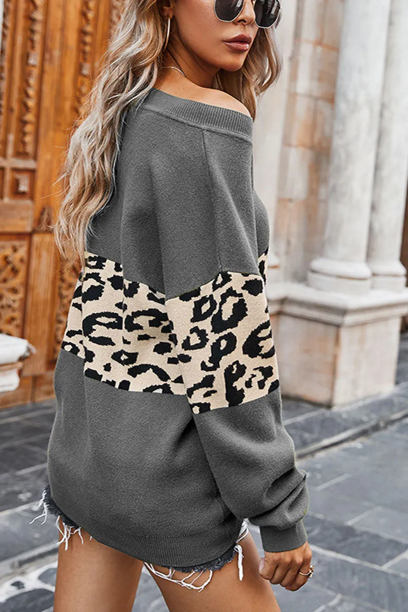 Chicindress Leopard Splice Contrast V-neck Sweater(5 Colors)