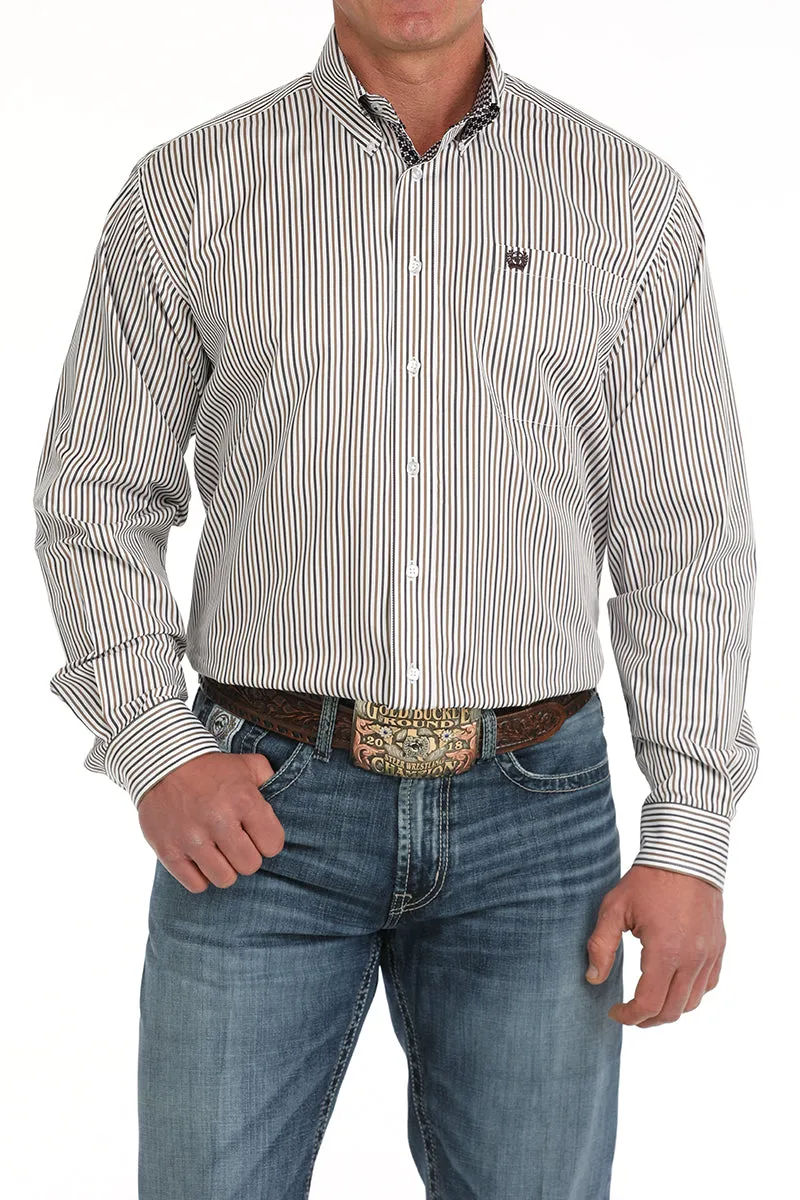 Cinch Brown/Tan/White Pinstripe TENCEL Cotton Button-Down Shirt for Men