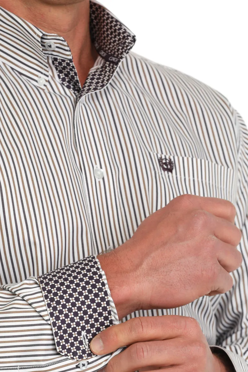 Cinch Brown/Tan/White Pinstripe TENCEL Cotton Button-Down Shirt for Men