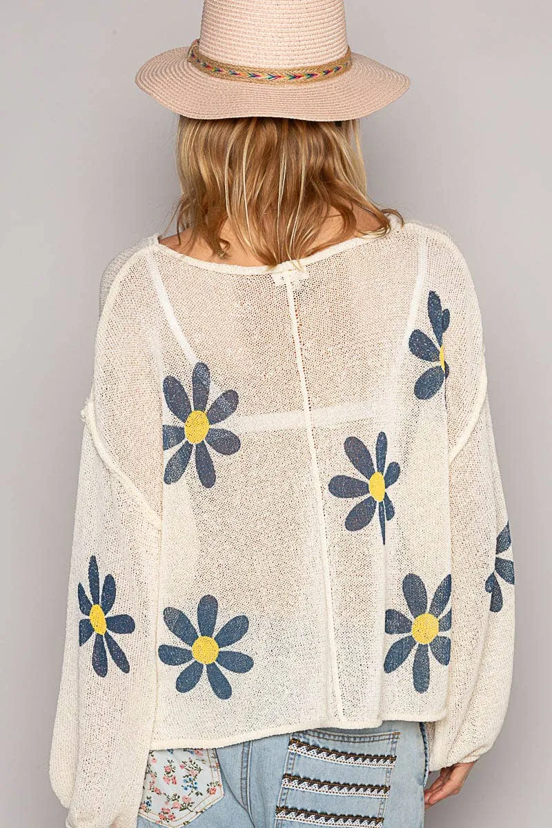 Cream Round neck balloon sleeve floral prints POL Sweater