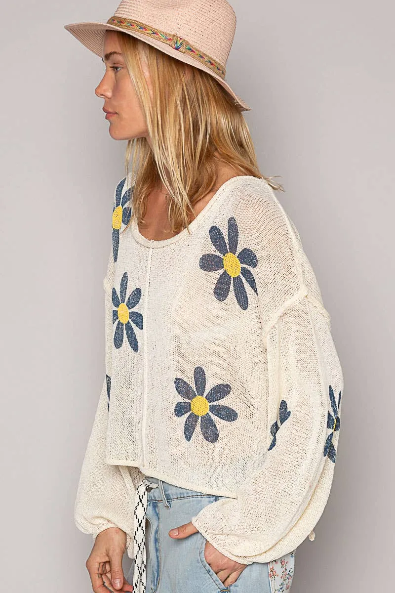 Cream Round neck balloon sleeve floral prints POL Sweater