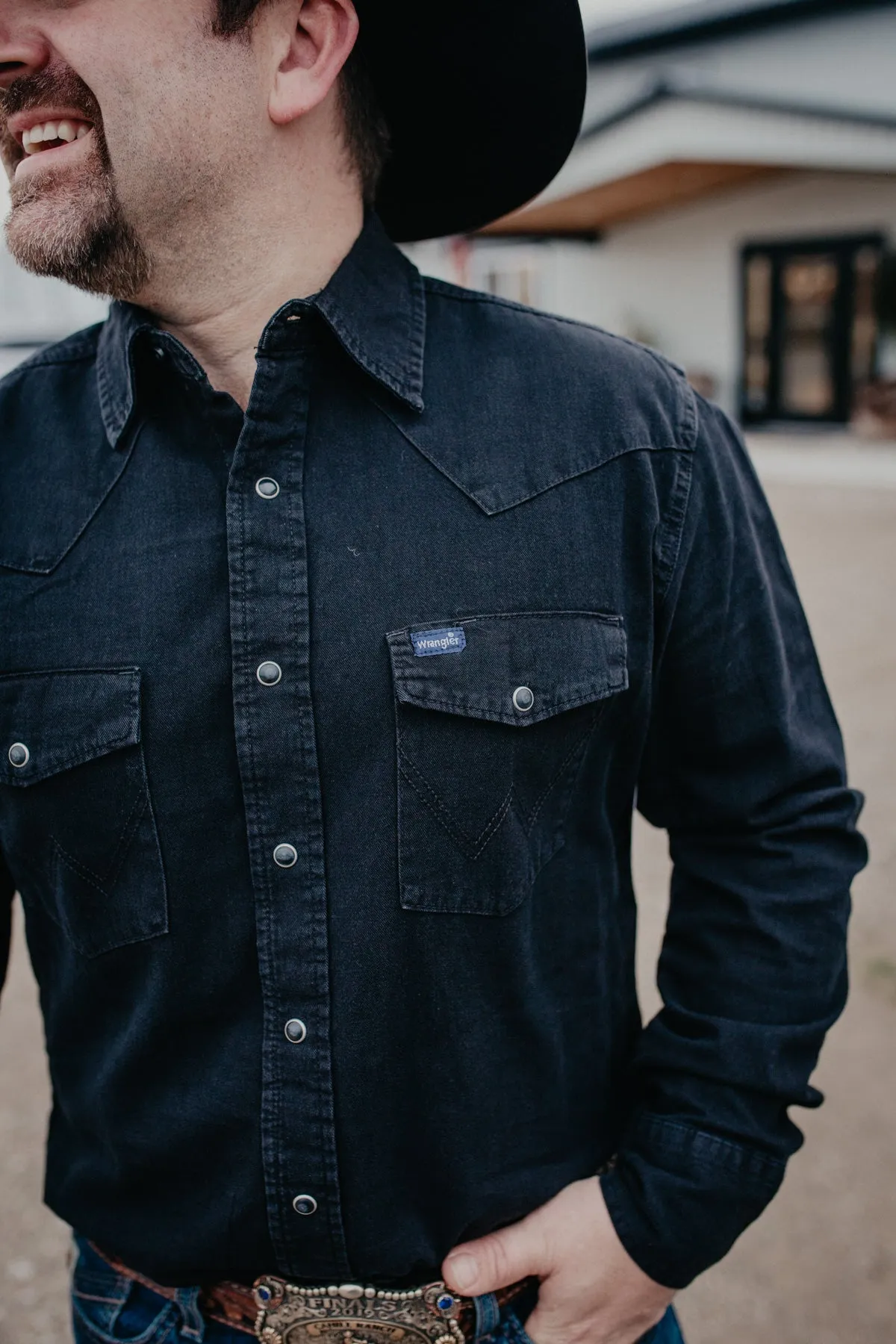'Dean' Men's Wrangler Black Denim Pearl Snap (S ONLY)