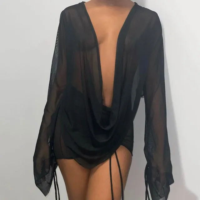 Deep V-neck Long Sleeve Backless Tops   Drawstring Mini Skirt