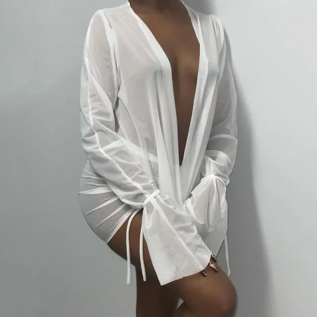 Deep V-neck Long Sleeve Backless Tops   Drawstring Mini Skirt
