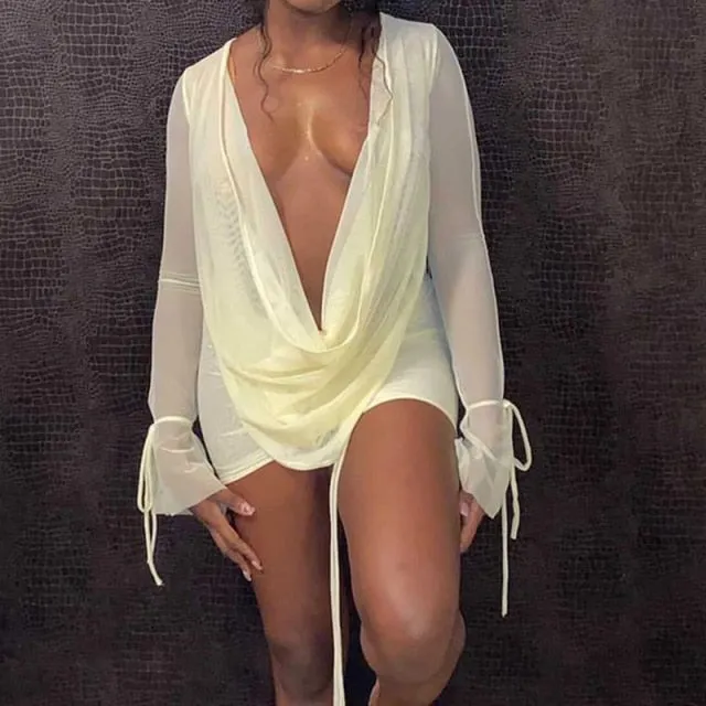 Deep V-neck Long Sleeve Backless Tops   Drawstring Mini Skirt