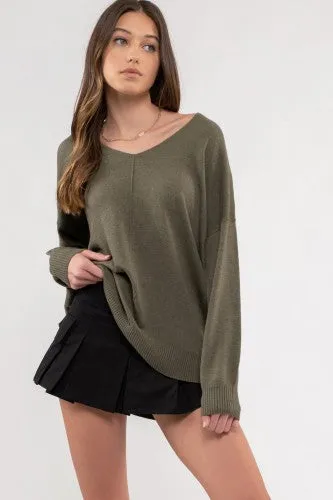 Dolman V Neck Sweater with Rib Hem   Front Seam
