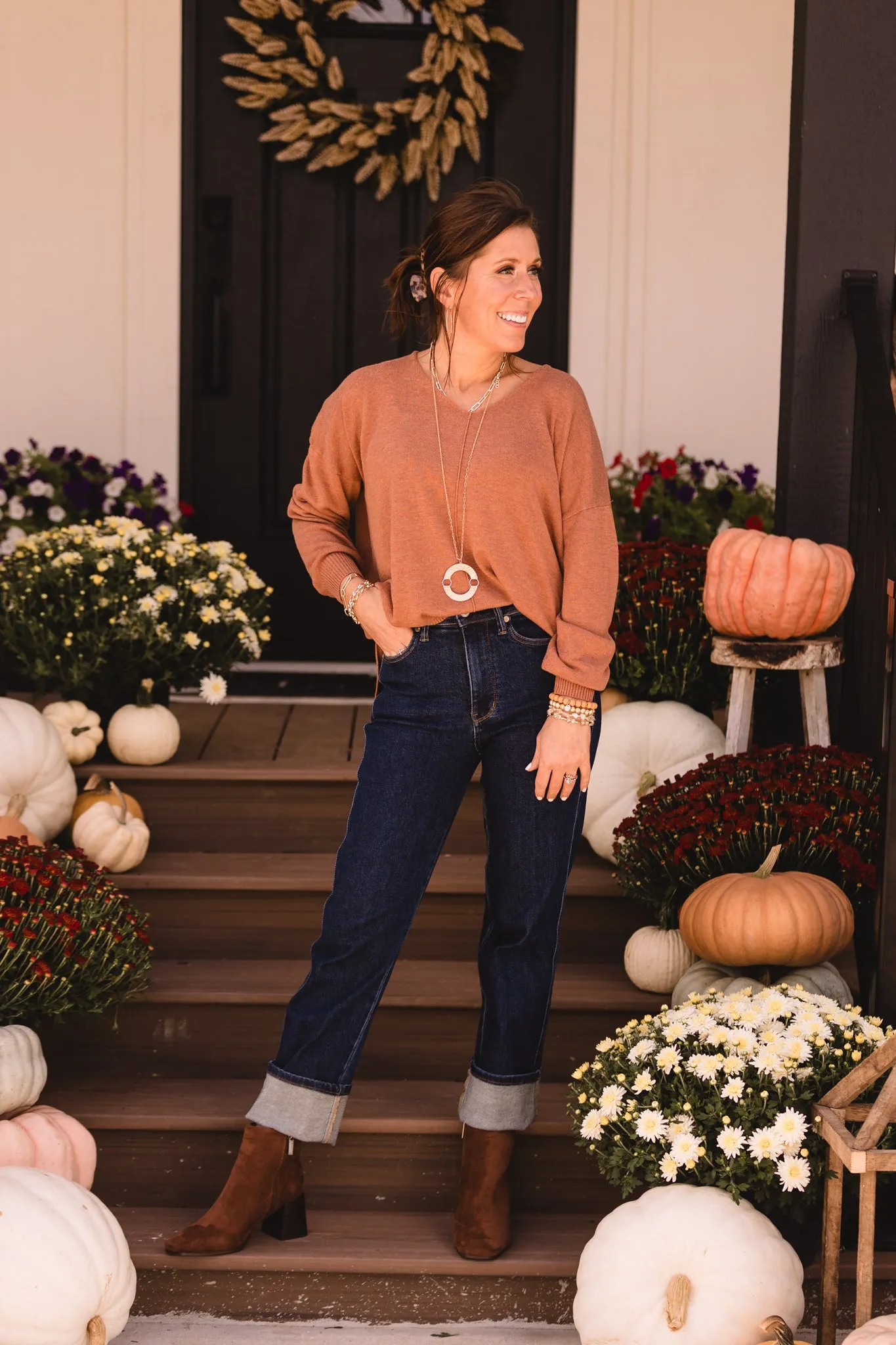 Dolman V Neck Sweater with Rib Hem   Front Seam