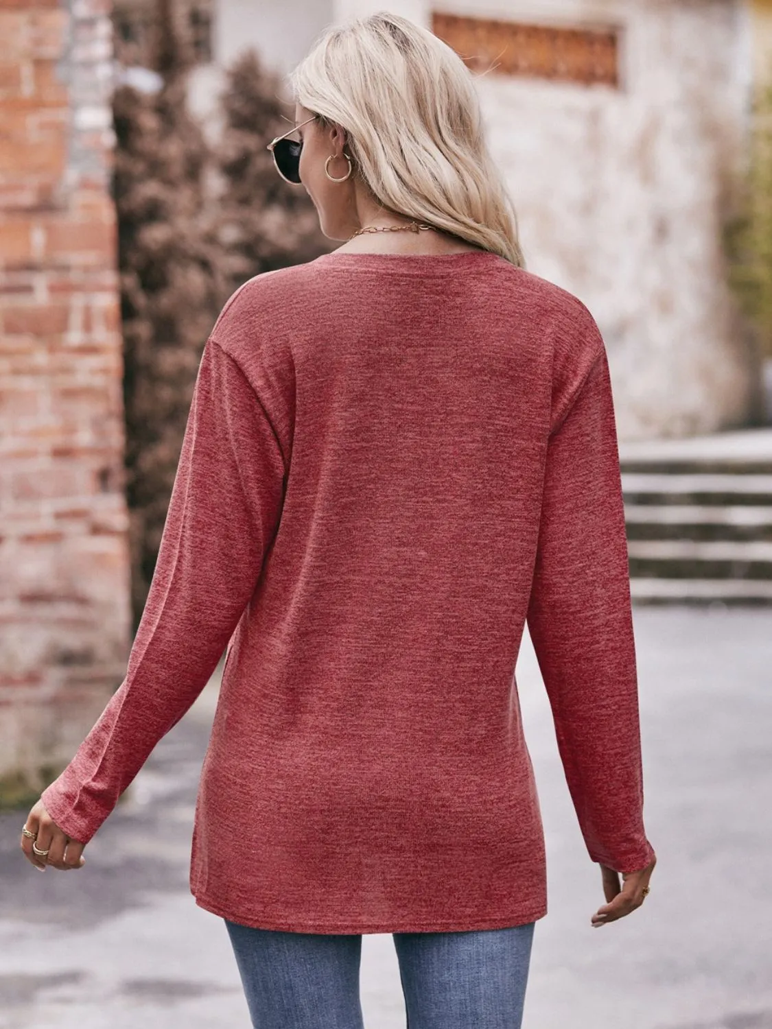 Double Take Buttoned Notched Neck Long Sleeve Top (6 Colors)