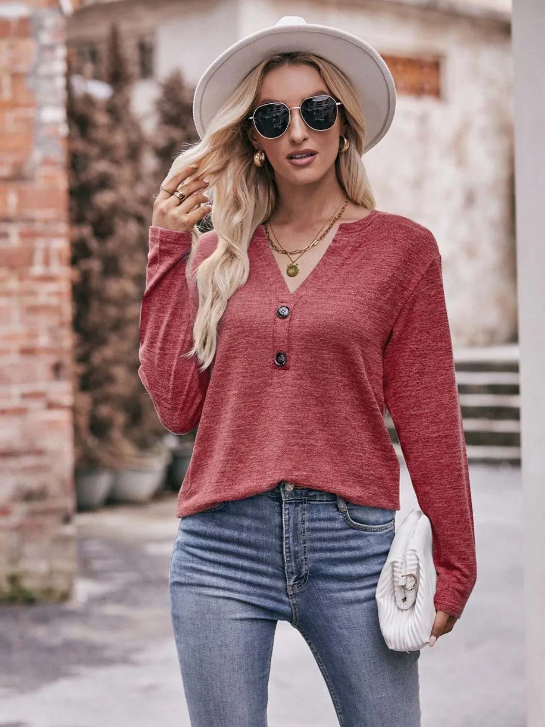 Double Take Buttoned Notched Neck Long Sleeve Top (6 Colors)
