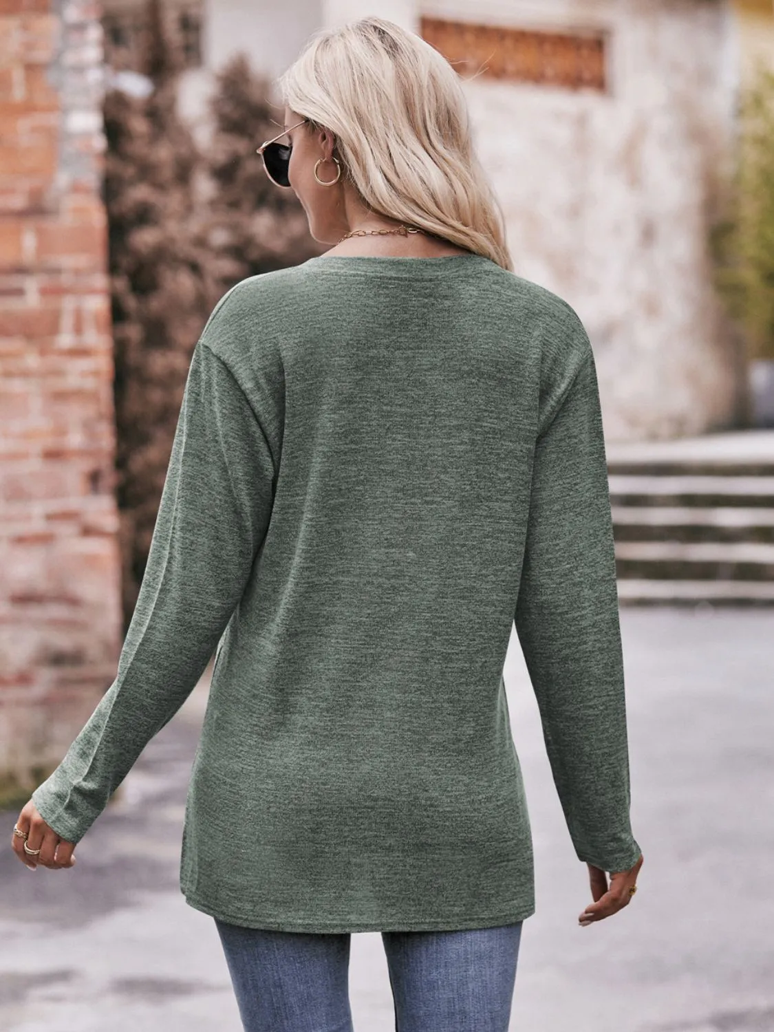 Double Take Buttoned Notched Neck Long Sleeve Top (6 Colors)