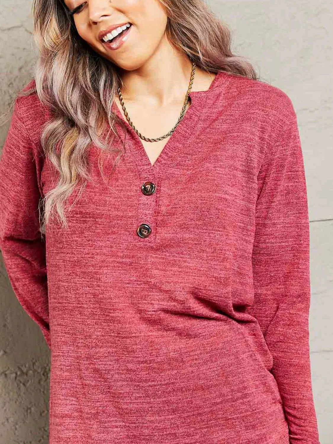 Double Take Buttoned Notched Neck Long Sleeve Top (6 Colors)