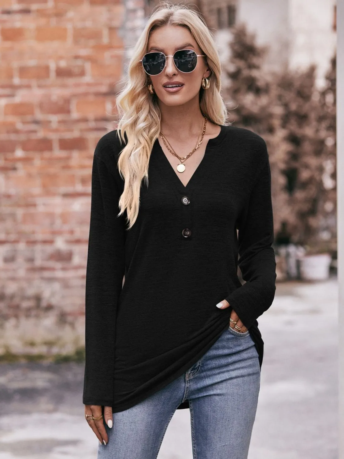 Double Take Buttoned Notched Neck Long Sleeve Top (6 Colors)