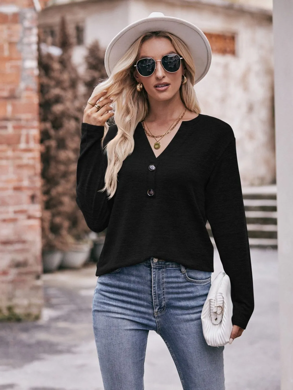 Double Take Buttoned Notched Neck Long Sleeve Top (6 Colors)