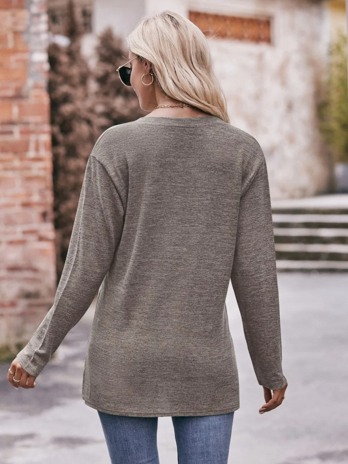 Double Take Buttoned Notched Neck Long Sleeve Top (6 Colors)