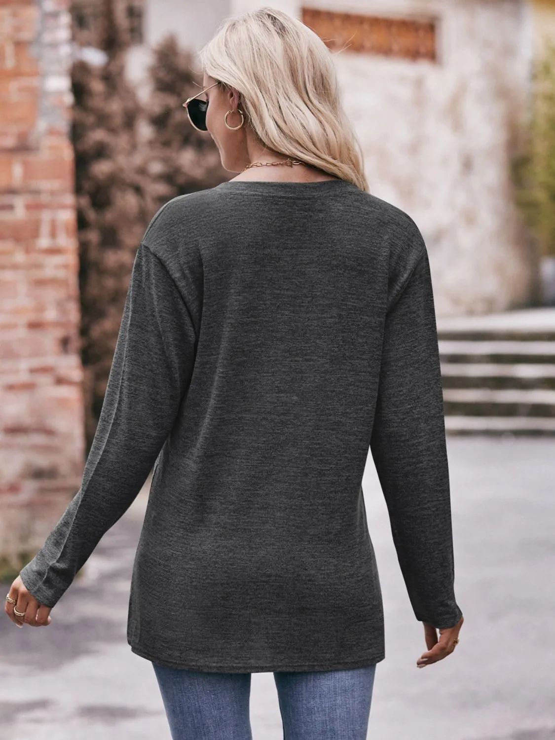 Double Take Buttoned Notched Neck Long Sleeve Top (6 Colors)