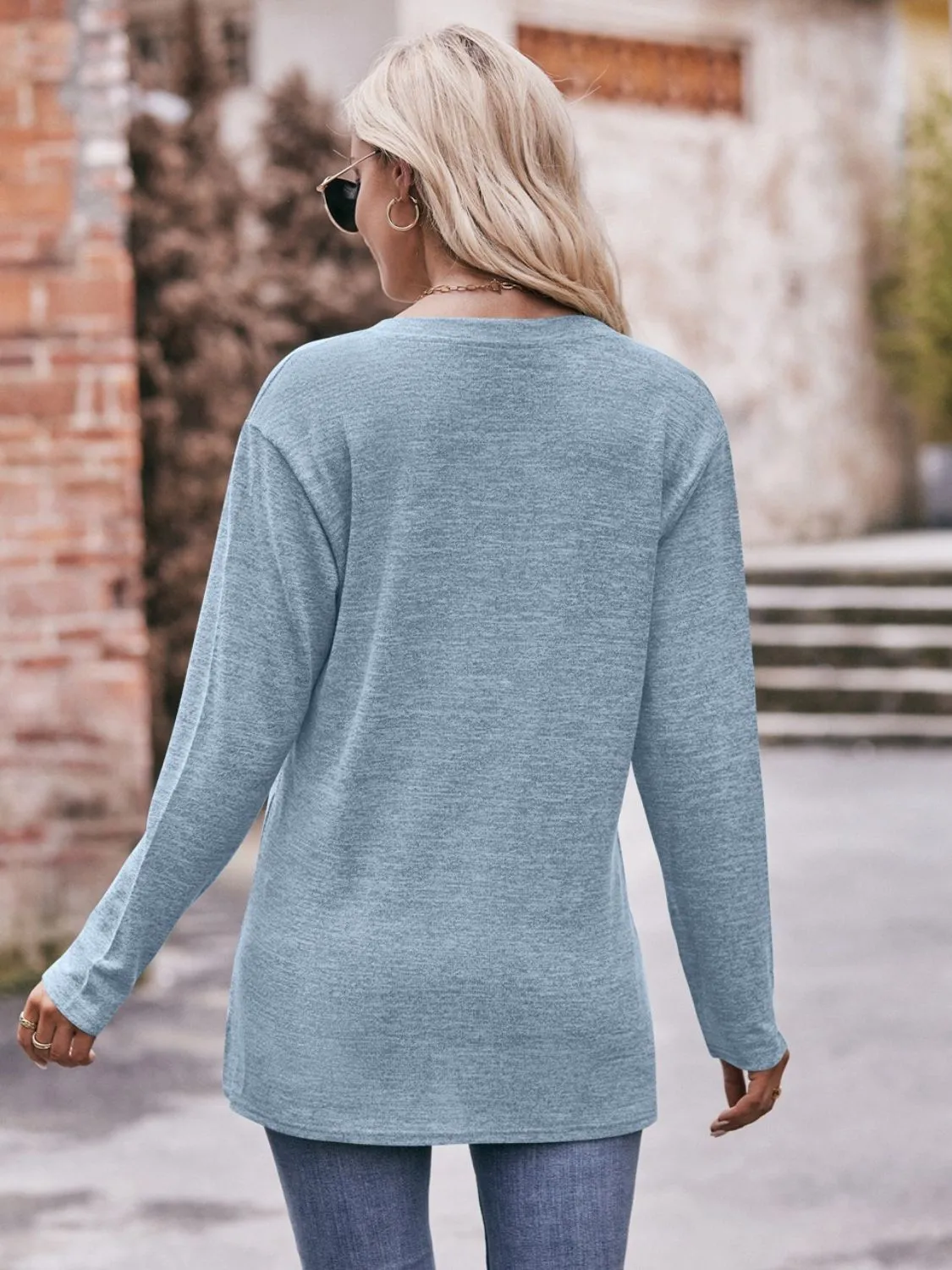 Double Take Buttoned Notched Neck Long Sleeve Top (6 Colors)