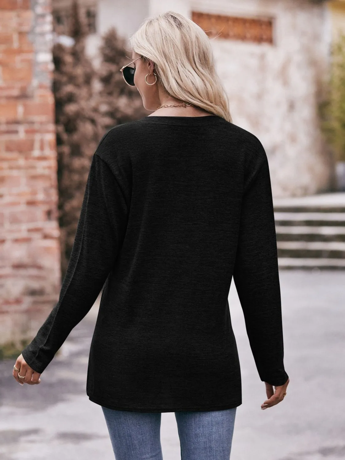 Double Take Buttoned Notched Neck Long Sleeve Top (6 Colors)