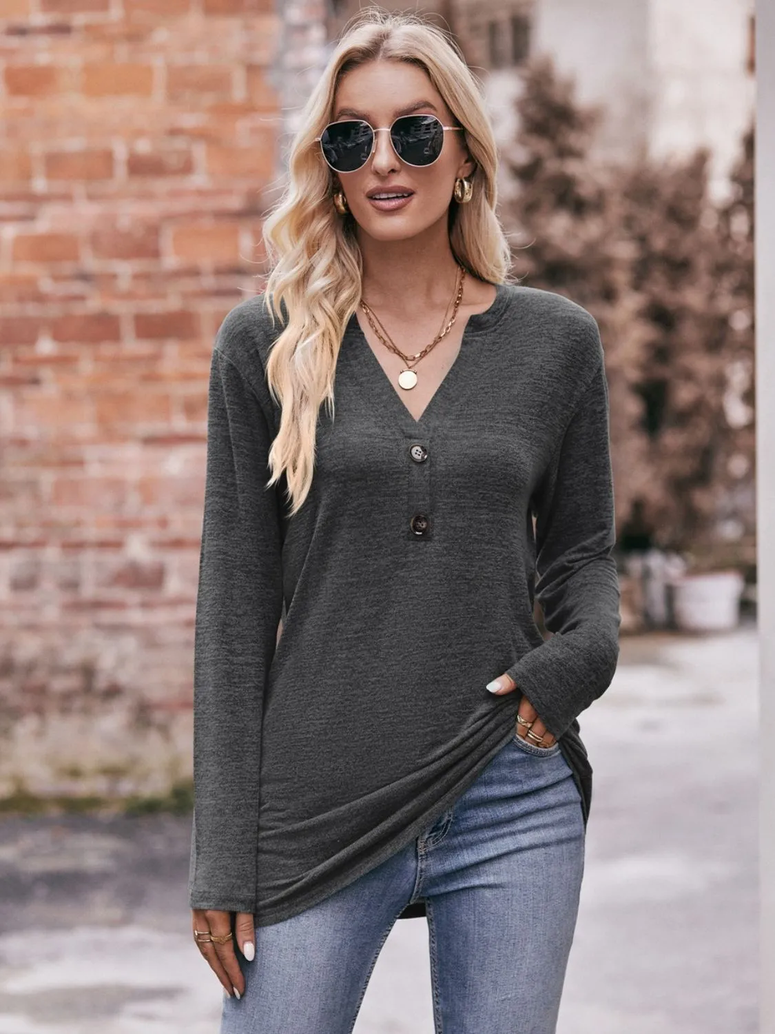 Double Take Buttoned Notched Neck Long Sleeve Top (6 Colors)