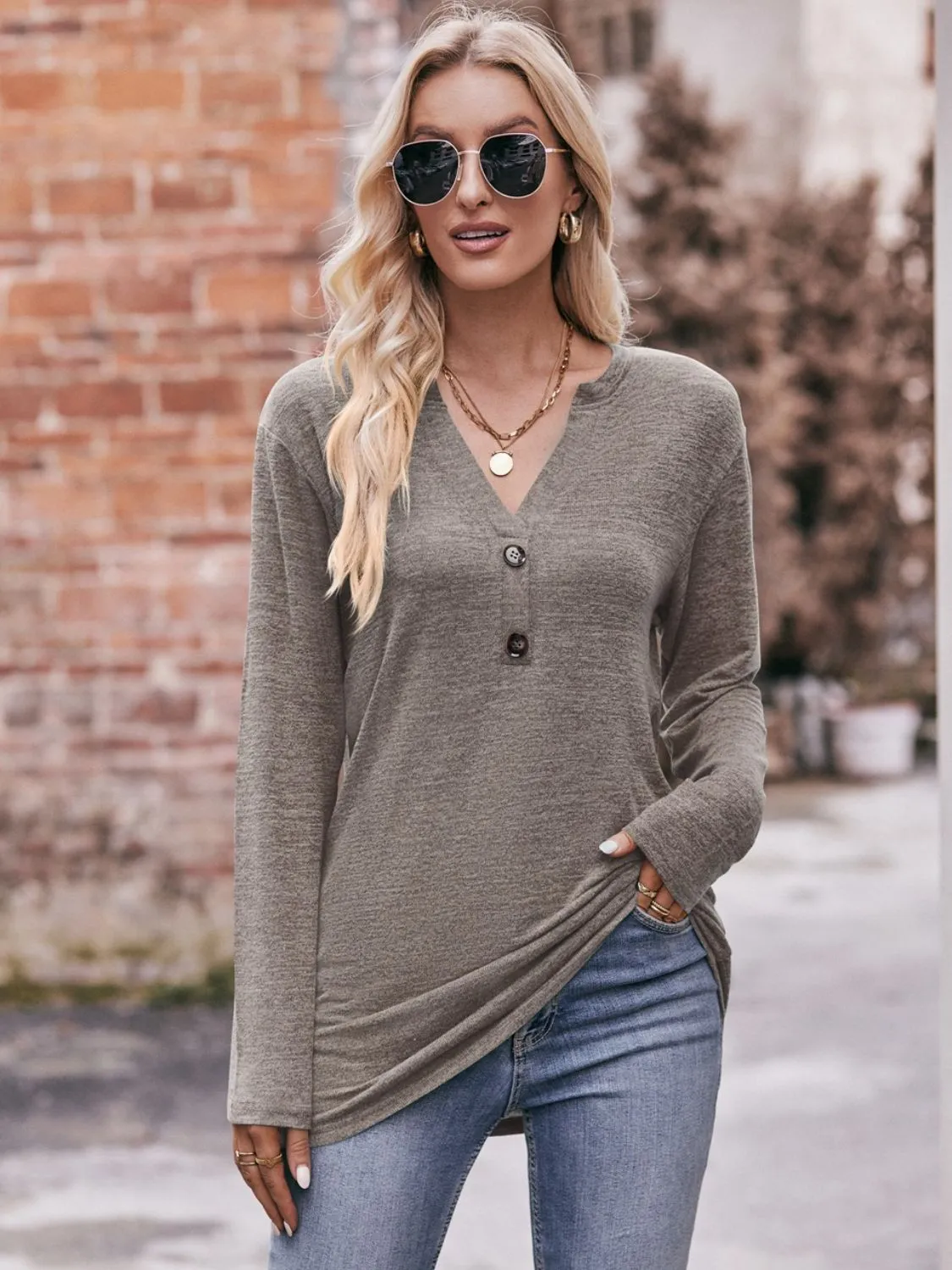 Double Take Buttoned Notched Neck Long Sleeve Top (6 Colors)