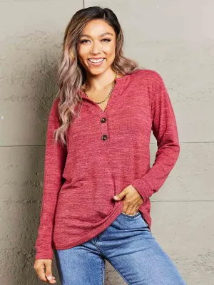 Double Take Buttoned Notched Neck Long Sleeve Top (6 Colors)