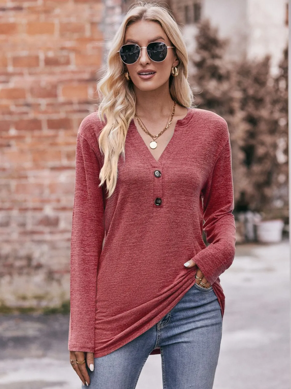 Double Take Buttoned Notched Neck Long Sleeve Top (6 Colors)