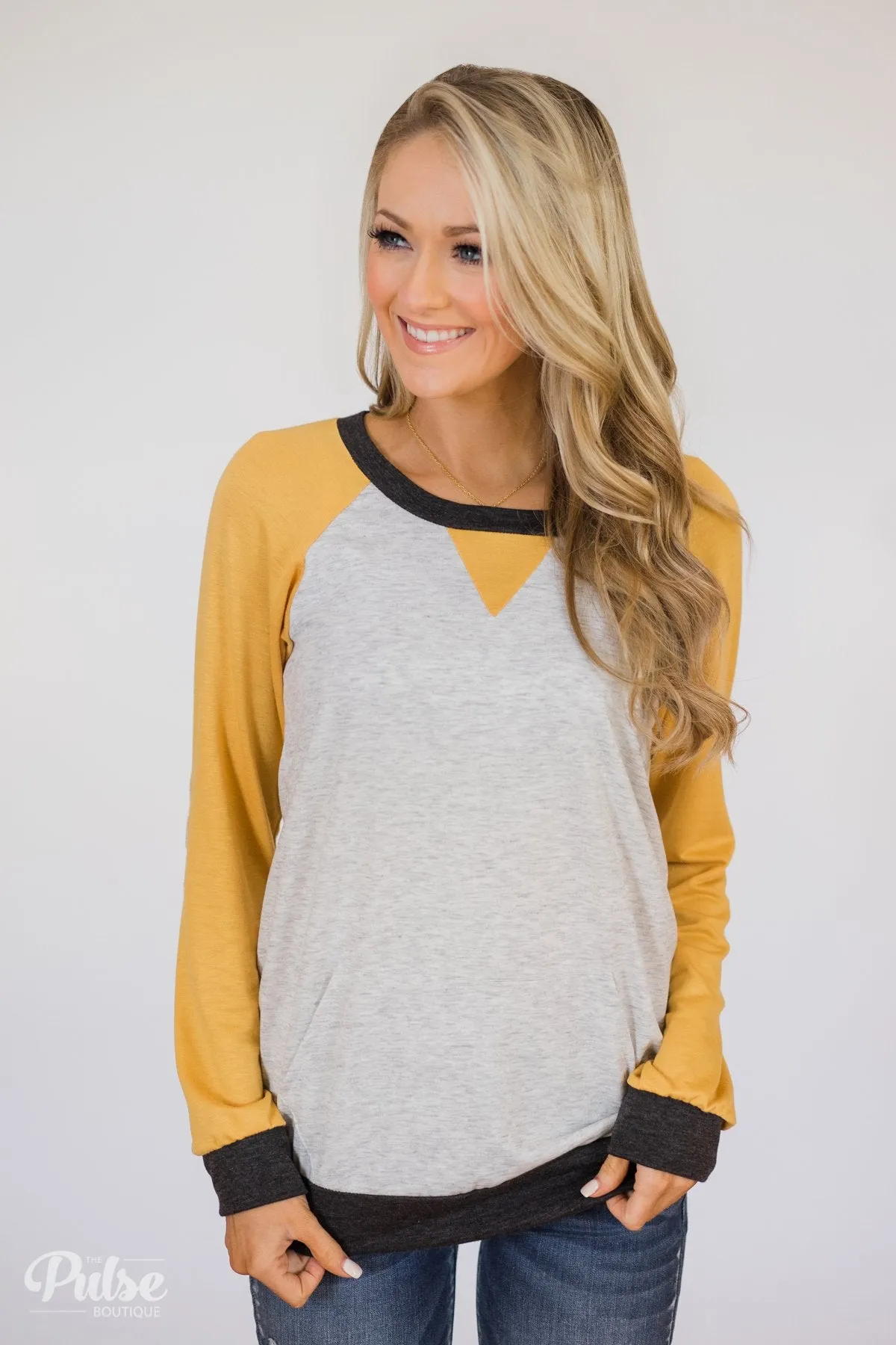 Elbow Patch Color Block Pullover Top- Yellow, Charcoal, Grey