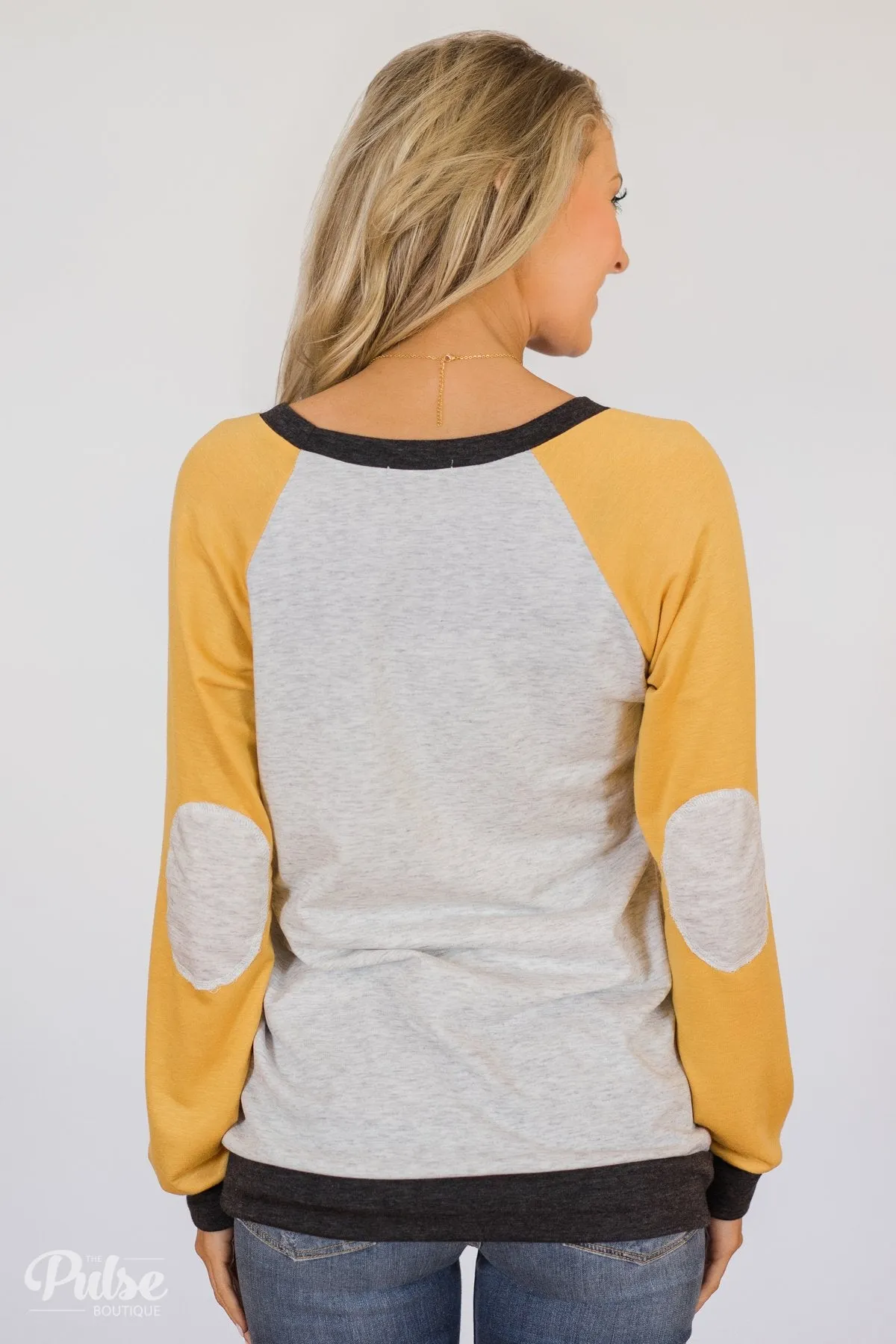 Elbow Patch Color Block Pullover Top- Yellow, Charcoal, Grey