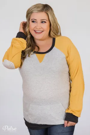 Elbow Patch Color Block Pullover Top- Yellow, Charcoal, Grey