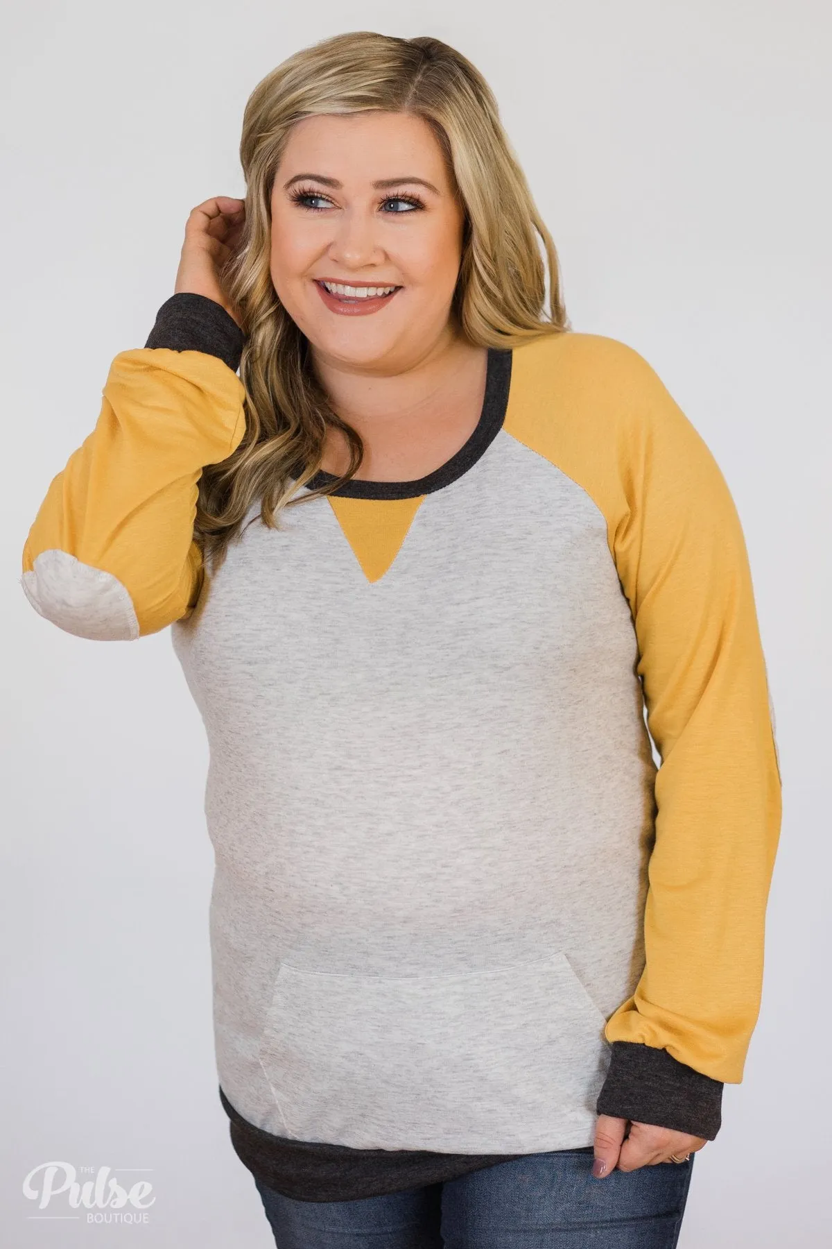 Elbow Patch Color Block Pullover Top- Yellow, Charcoal, Grey
