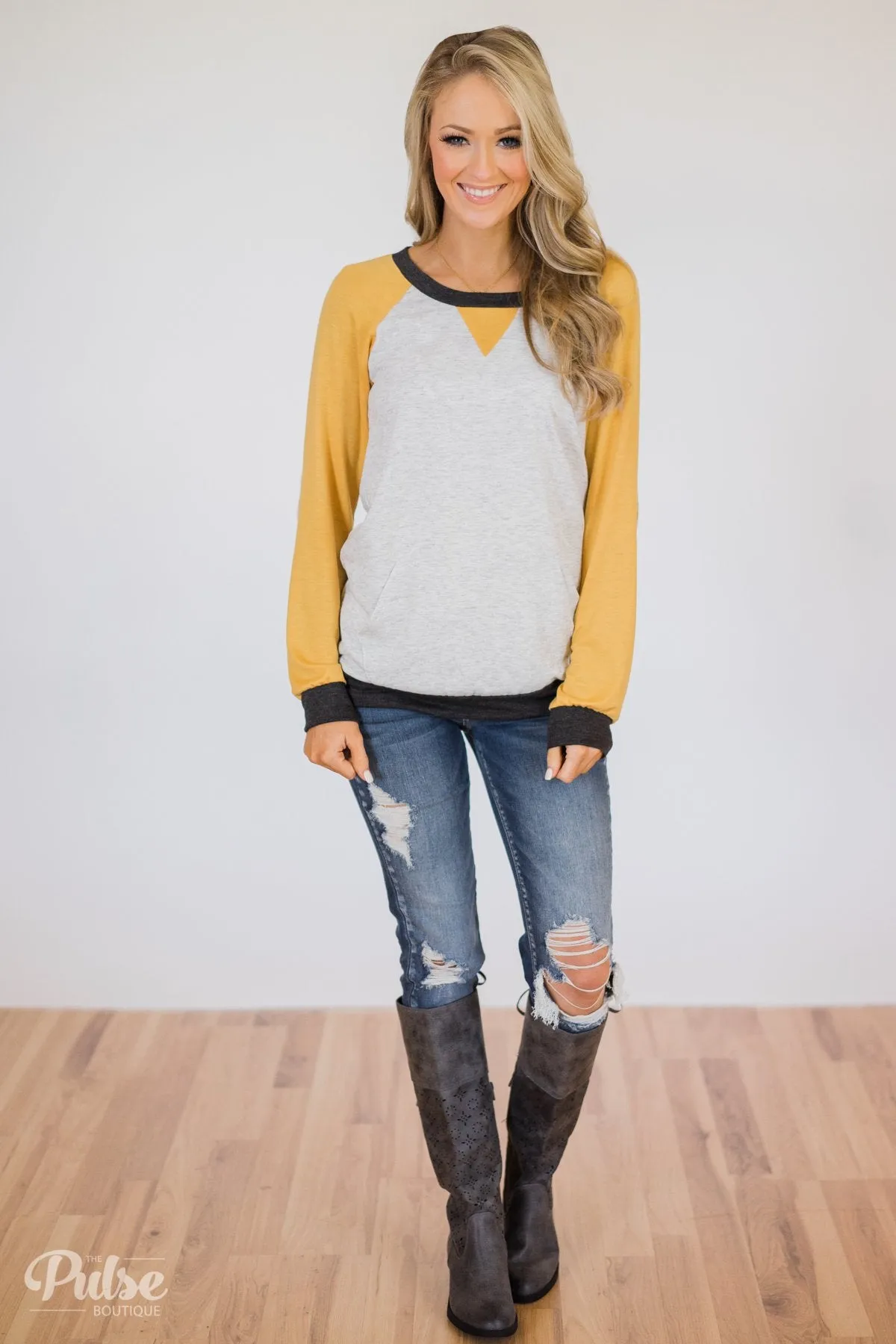 Elbow Patch Color Block Pullover Top- Yellow, Charcoal, Grey