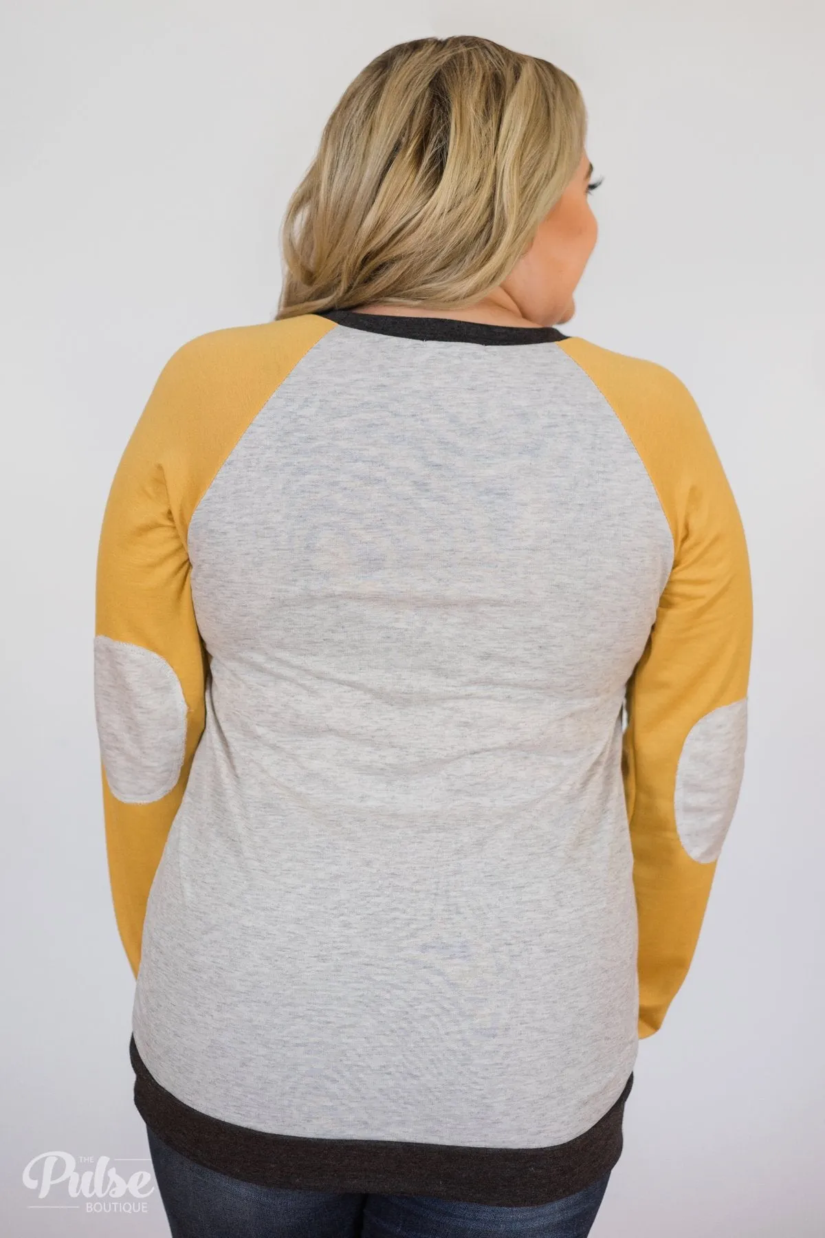 Elbow Patch Color Block Pullover Top- Yellow, Charcoal, Grey