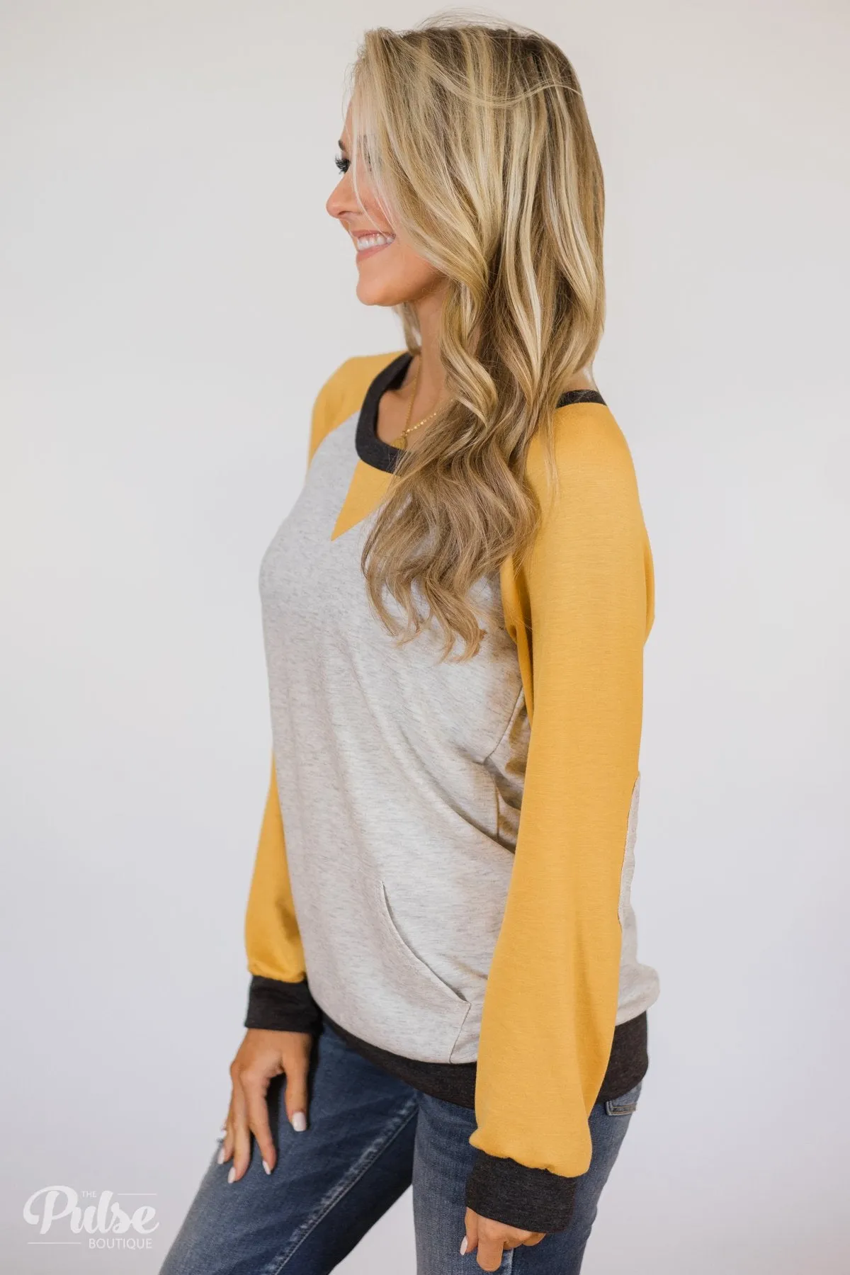 Elbow Patch Color Block Pullover Top- Yellow, Charcoal, Grey