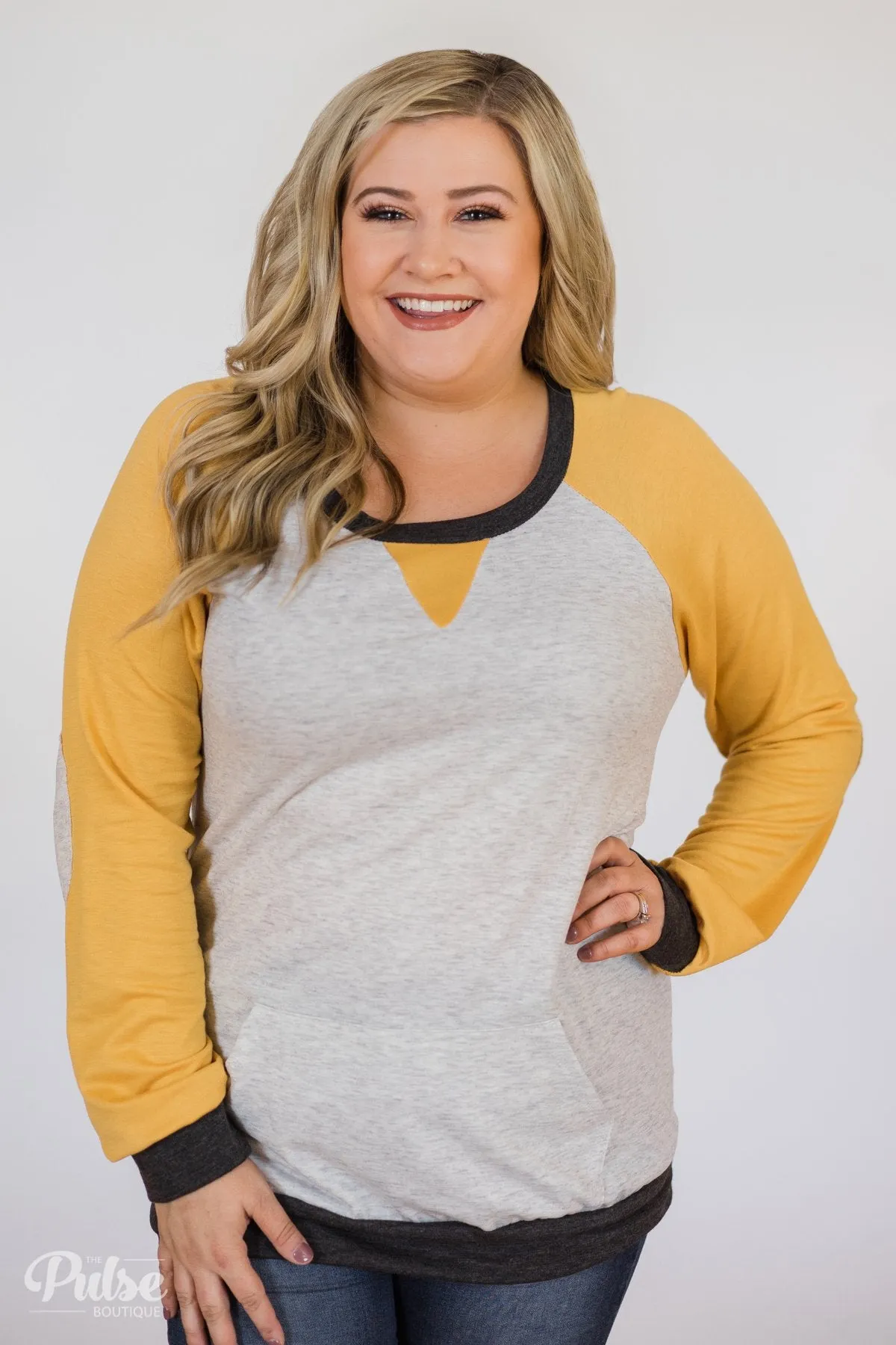 Elbow Patch Color Block Pullover Top- Yellow, Charcoal, Grey