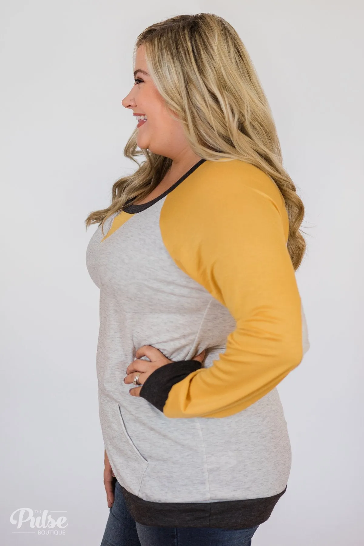 Elbow Patch Color Block Pullover Top- Yellow, Charcoal, Grey
